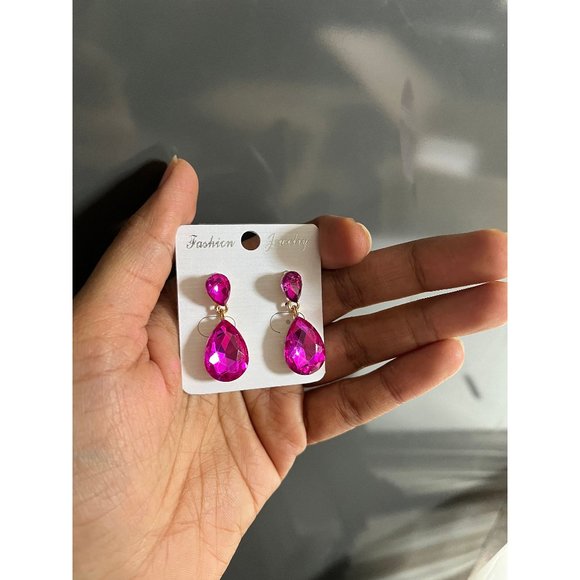 Fuchsia teardrop earrings , small fuchsia crystal hot pink gold tone tear drop - Picture 1 of 8